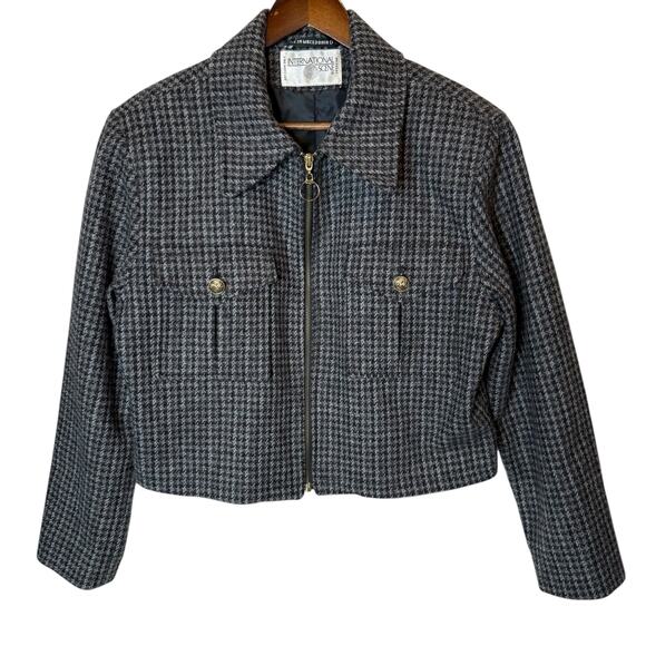 International Scene Vintage Wool Blend Tweed Houndstooth Zip Jacket sz 13 / 14 - Picture 1 of 6